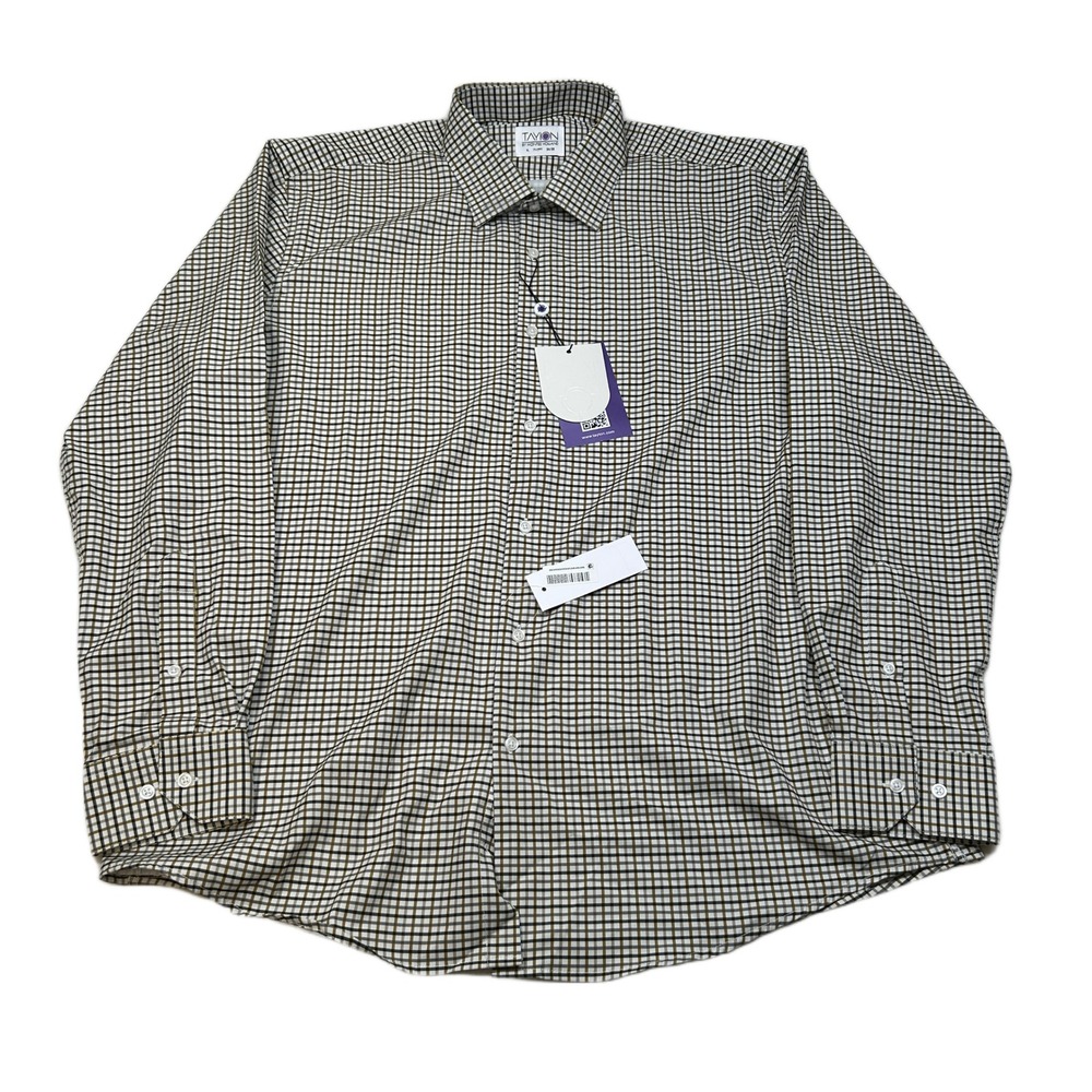 Tayion Slim-Fit Plaid Dress Shirt Mens XL 17-17.5 34/35 White Black Gold‎ NEW
